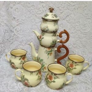 1983 Camp MacKenzie Childs Ltd., Beige Floral Enamelware, 8pcTea or CampSet